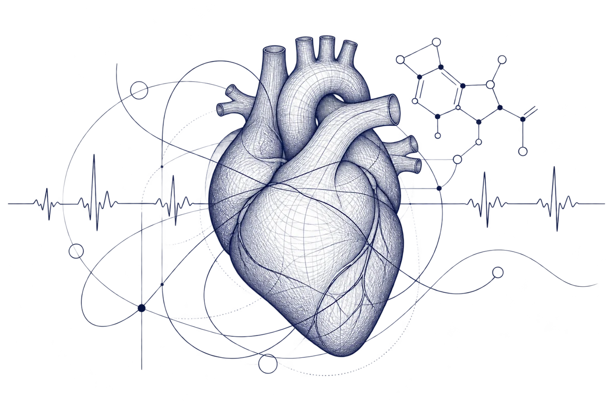 Decorative anatomical heart engraving with ECG and molecular linework