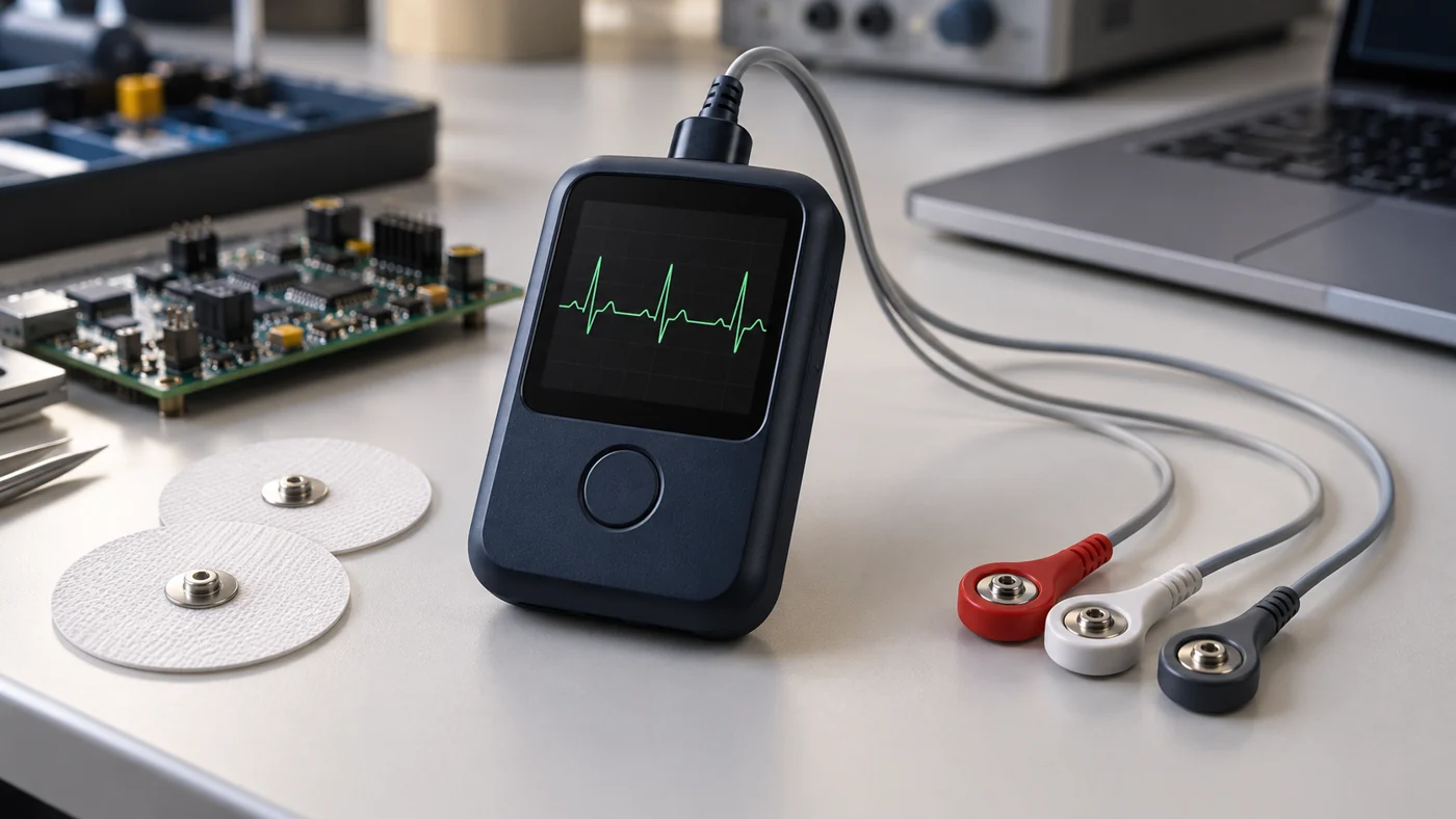 AI-generated illustrative portable ECG monitor and electrode leads on a laboratory workbench