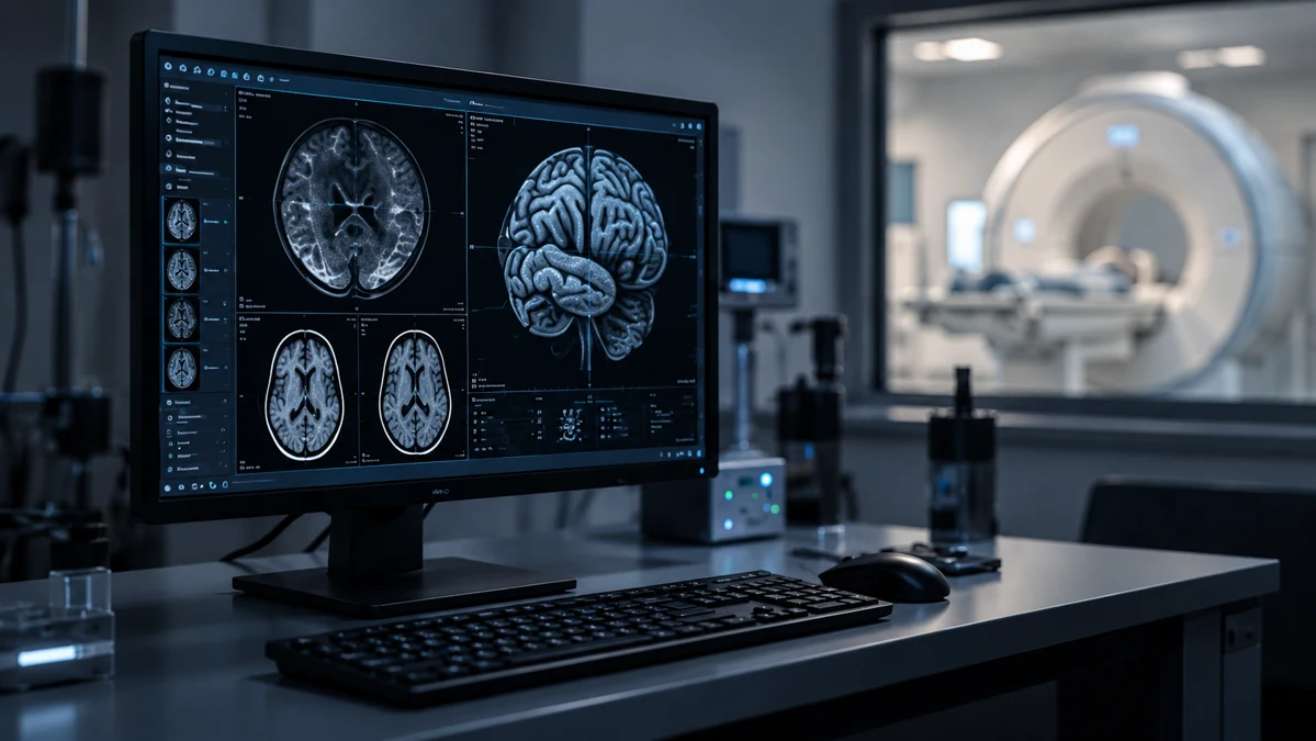 AI-generated illustrative brain MRI research workstation in a biomedical laboratory