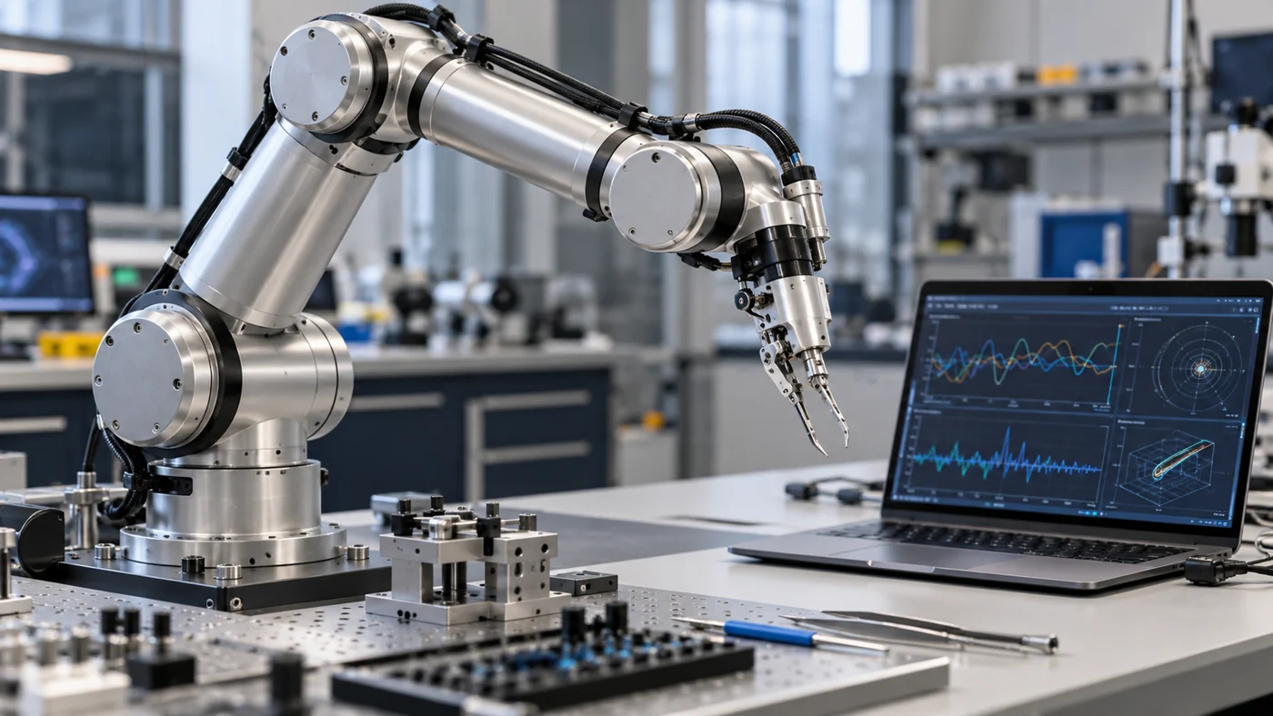 Illustrative robotic arm and control-system workstation in an engineering laboratory